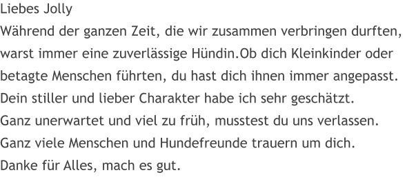 Liebes Jolly Whrend der ganzen Zeit, die wir zusammen verbringen durften, warst immer eine zuverlssige Hndin.Ob dich Kleinkinder oder betagte Menschen fhrten, du hast dich ihnen immer angepasst. Dein stiller und lieber Charakter habe ich sehr geschtzt.  Ganz unerwartet und viel zu frh, musstest du uns verlassen. Ganz viele Menschen und Hundefreunde trauern um dich.  Danke fr Alles, mach es gut.