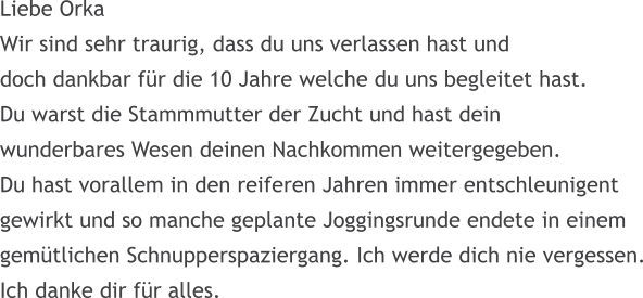 Liebe Orka Wir sind sehr traurig, dass du uns verlassen hast und  doch dankbar fr die 10 Jahre welche du uns begleitet hast. Du warst die Stammmutter der Zucht und hast dein wunderbares Wesen deinen Nachkommen weitergegeben. Du hast vorallem in den reiferen Jahren immer entschleunigent  gewirkt und so manche geplante Joggingsrunde endete in einem gemtlichen Schnupperspaziergang. Ich werde dich nie vergessen. Ich danke dir fr alles.